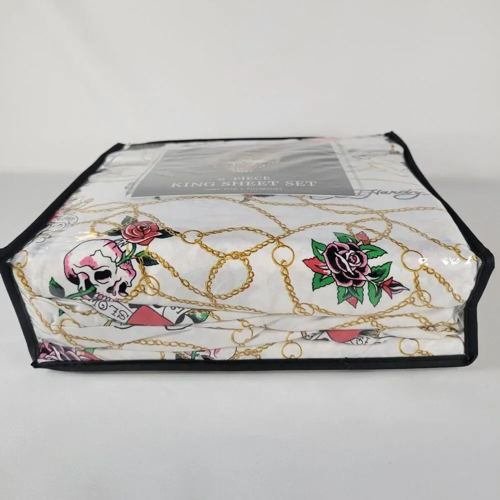 Ed Hardy KING Sheets Set 6pc White Pink Skull Roses Gold Chain Love Kills Tattoo